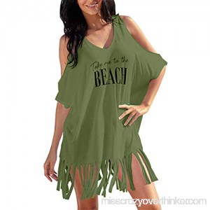 TIFENNY Womens Tassel Hem Letters Print Baggy Swimwear Bikini Cover-UP Fashion Loose Off Shoulder Beach Dress Shirt Green B07PYVNFJ6
